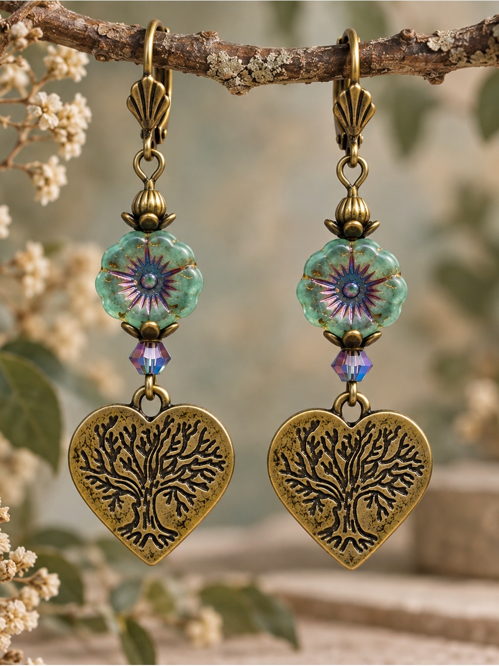 Handmade Czech Glass Flower Tree of Life Earrings, Antique Brass